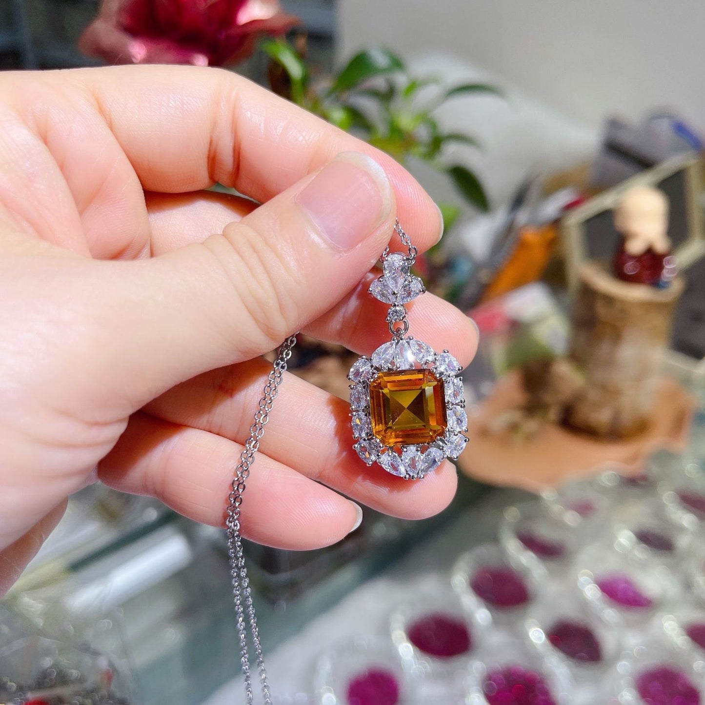 Scentorya Silver Plated Studded With Cubic Zirconia Diamond With Color Stones Chain Pendant