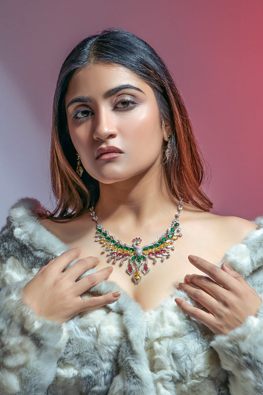 Scentorya Silver Plated Studded With Zirconia Diamond With Multi Colour Necklace